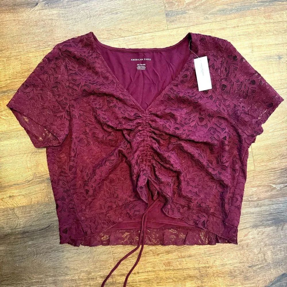 American Eagle Outfitters Maroon Lace Ruched Tie Front Ruffled Hem Crop Top